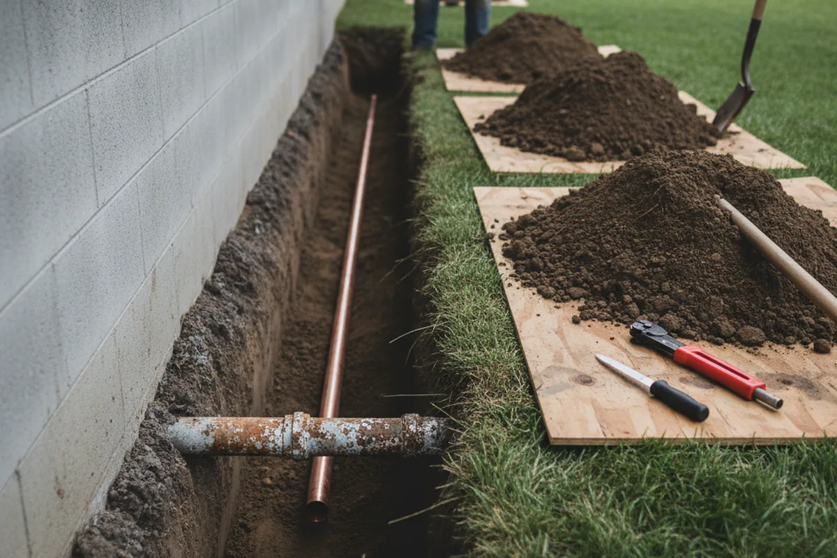 Excavated water line trench during Water Heater Repair in Los Altos